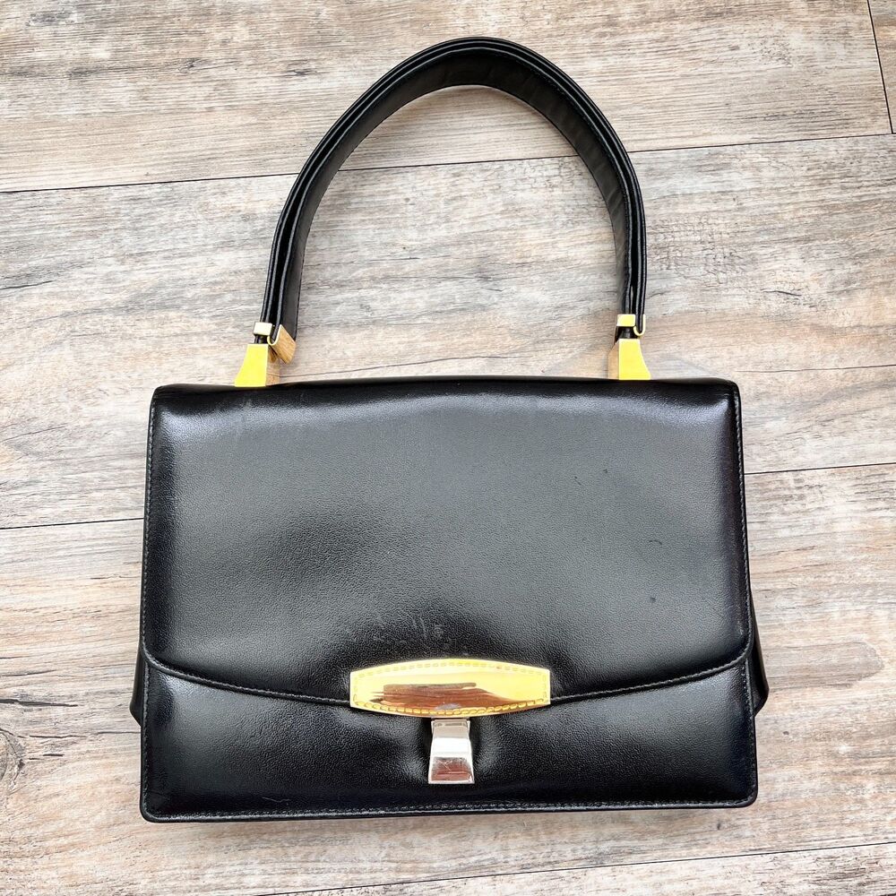 Vintage Koret Black Leather Secret Compartment Bag Gold Clasp Y2K Structured